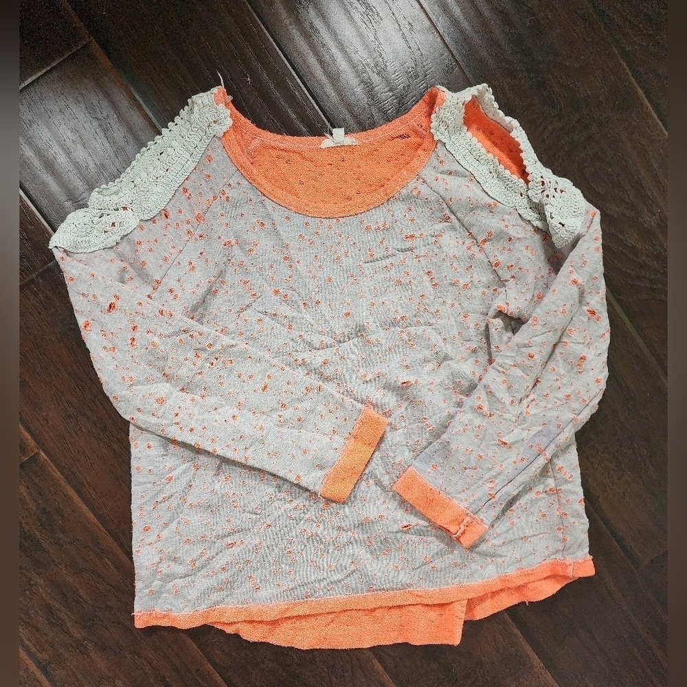 Oddy Womens Distressed Shoulder Cut Out Orange Grey Pullover Sweater